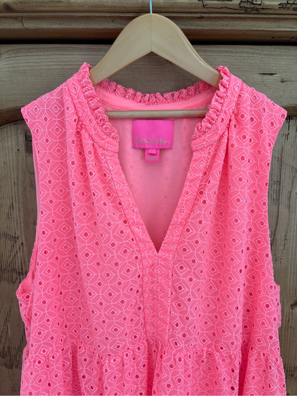 Lilly Pulitzer Novella Coral Pink Mini Medallion Eyelet Chiffon V-Neck Dress - Picture 2 of 10